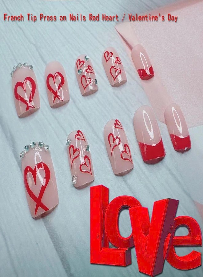 BSBTBZ Square Press on Nails Medium -French Tip Press on Nails Red Heart Deign,Glossy Pink Fake Nails with Rhinestone Design,Reusable Artificial False Nails with Glue on Nails Valentine's Day for Women 24PCS - Image 3